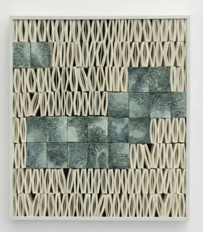 Textured contemporary hand-painted canvas with pleated cream paper strips and teal-grey patinated tile inlays, minimalist wall art