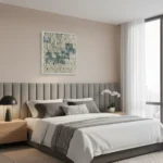 Layered abstract hand-painted canvas in muted greens and grays with geometric patterning, modern bedroom setting