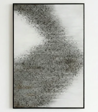 Textured abstract hand-painted canvas in monochromatic grays with dispersing particle effect, contemporary wall art