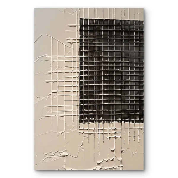 Plaster relief of a criss-cross cream grid meeting a dark charred section with drip marks, raw canvas edge