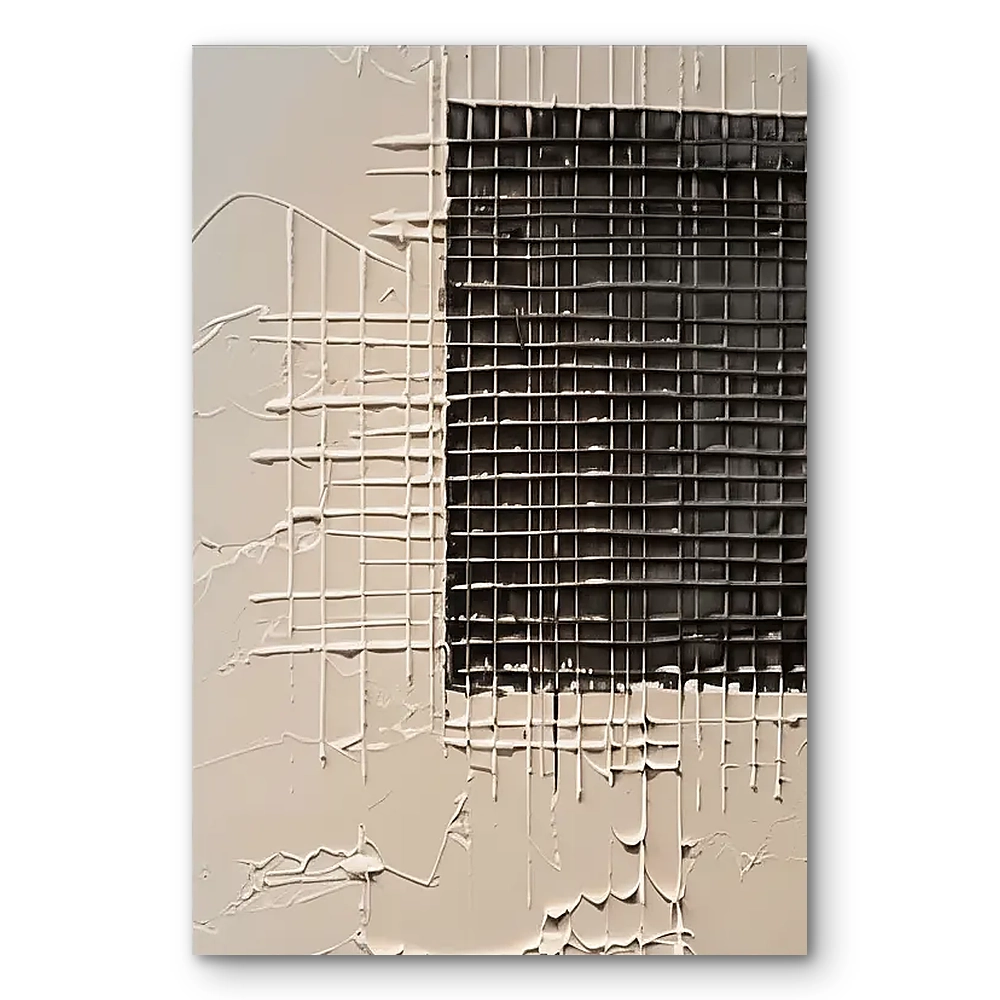 Plaster relief of a criss-cross cream grid meeting a dark charred section with drip marks, raw canvas edge