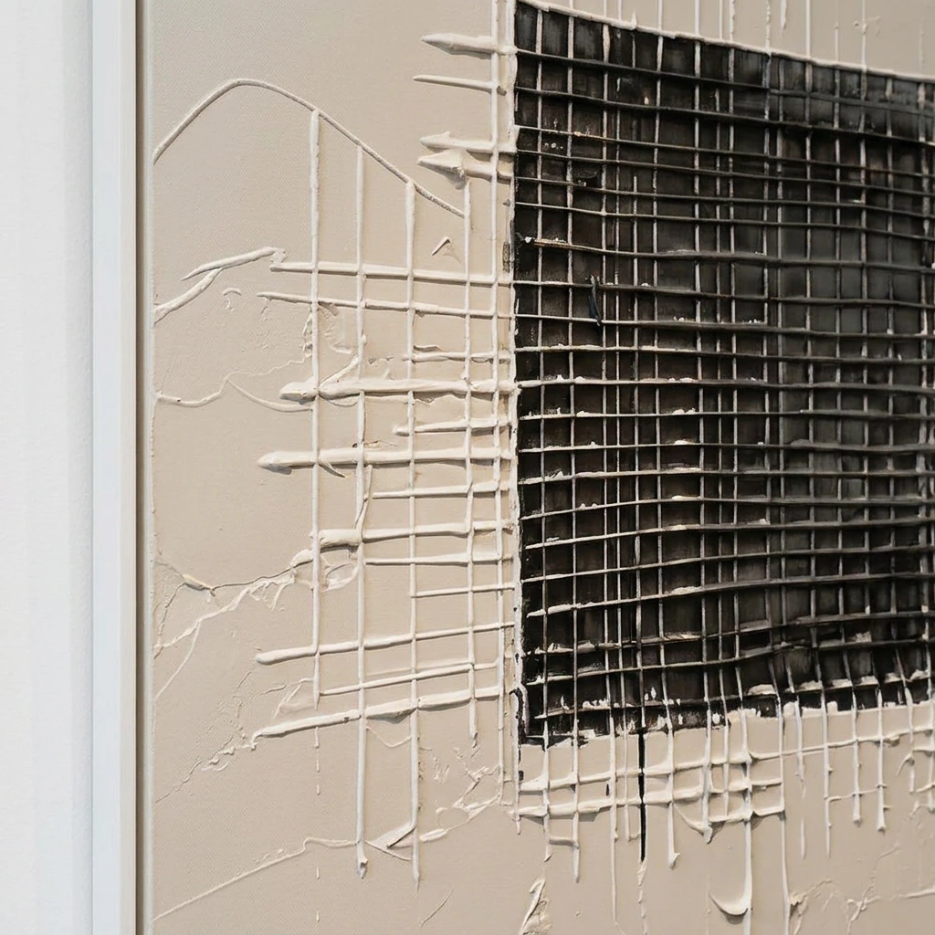 Charred Grid textured wall art shown framed on the wall in a styled interior