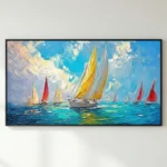 Impressionist hand-painted canvas depicting sailboats with vibrant red and yellow sails on turquoise waters beneath a blue sky, contemporary living space