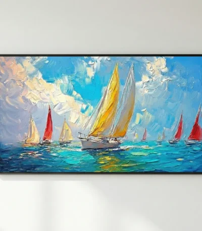 Impressionist hand-painted canvas depicting sailboats with vibrant red and yellow sails on turquoise waters beneath a blue sky, contemporary living space