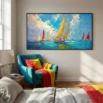 Impressionist hand-painted canvas depicting colorful sailboats on turquoise waters beneath blue sky, vibrant reds and golds, modern bedroom setting