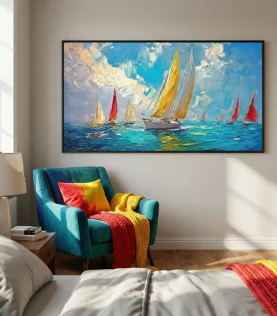 Impressionist hand-painted canvas depicting colorful sailboats on turquoise waters beneath blue sky, vibrant reds and golds, modern bedroom setting