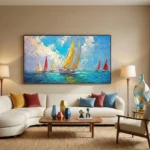 Impressionist sailing regatta hand-painted canvas in vibrant blues, yellows and reds with expressive brushwork, contemporary living space