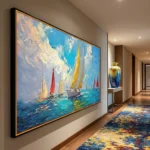 Impressionist sailboat painting with bold gestural brushstrokes in blues, golds, and reds, hand-painted canvas in contemporary hallway
