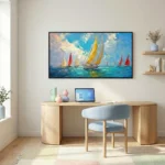 Impressionist hand-painted canvas depicting sailboats with colorful sails on turquoise waters beneath blue sky, contemporary workspace