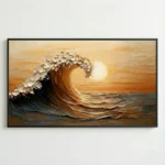 Textured contemporary landscape painting depicting dynamic ocean wave at sunset in warm golds and browns, hand-painted canvas in modern living space
