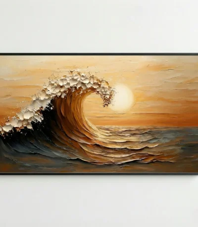Textured contemporary landscape painting depicting dynamic ocean wave at sunset in warm golds and browns, hand-painted canvas in modern living space