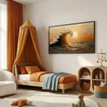 Contemporary seascape hand-painted canvas depicting golden sunset wave with textured brushwork in warm amber and cream tones, child's bedroom