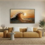 Textured contemporary seascape painting depicting a cresting wave at golden sunset in warm amber and cream tones, modern living space