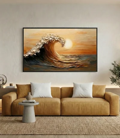 Textured contemporary seascape painting depicting a cresting wave at golden sunset in warm amber and cream tones, modern living space