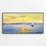 Impressionist hand-painted canvas depicting serene sunset seascape with sailboat, golden light, and distant mountains, contemporary living space