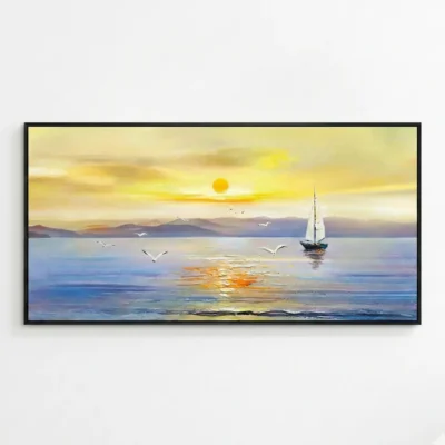 Impressionist hand-painted canvas depicting serene sunset seascape with sailboat, golden light, and distant mountains, contemporary living space