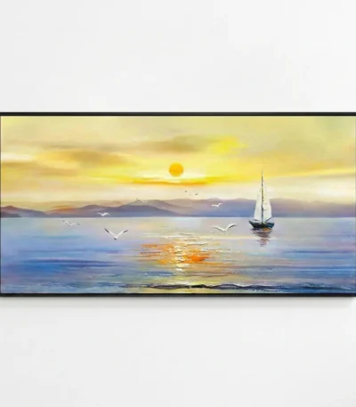 Impressionist hand-painted canvas depicting serene sunset seascape with sailboat, golden light, and distant mountains, contemporary living space