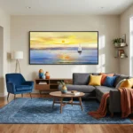 Impressionist seascape hand-painted canvas with golden sunset, sailboat, and birds in warm and cool tones, contemporary living space