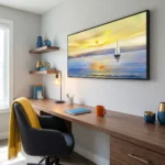 Impressionist seascape hand-painted canvas depicting golden sunset over sailboat and ocean in warm yellows and cool blues, home office setting