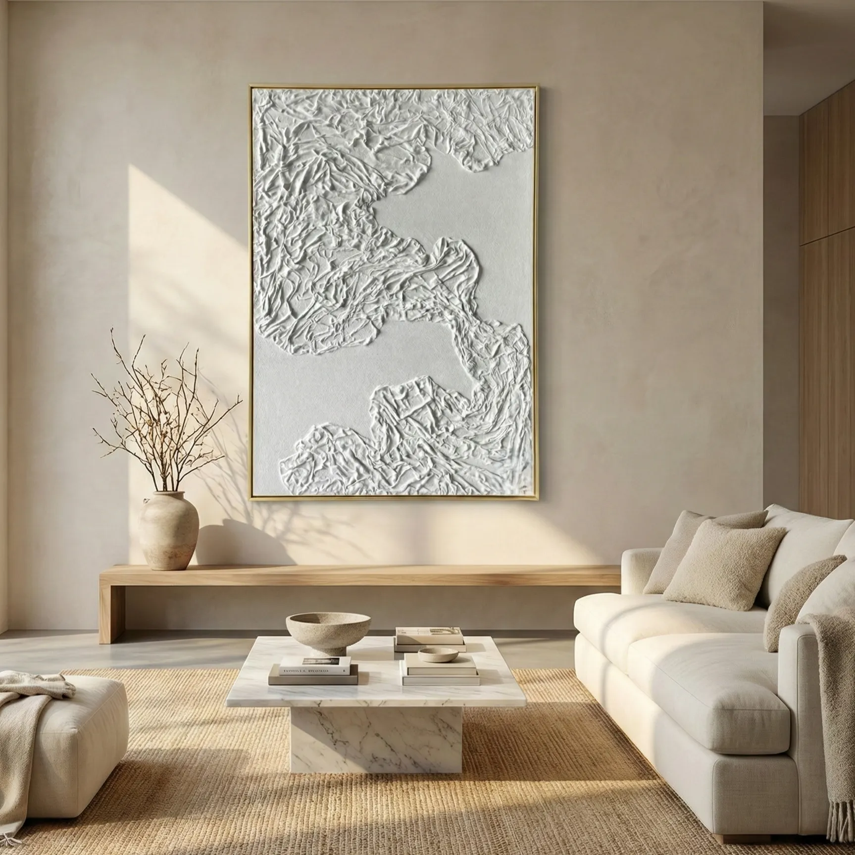Tactile Dunes – Minimalist 3D Texture Painting Wabi Sabi Wall Art (1) Textured monochromatic hand-painted canvas depicting layered topographic mountain ranges in white and cream, contemporary living space