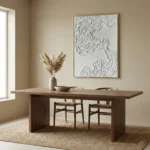 Textured abstract topographical hand-painted canvas in white and cream with dimensional relief details, contemporary dining space