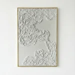 Textured minimalist hand-painted canvas depicting abstract topographical relief in monochromatic white and cream tones