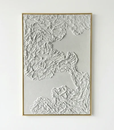 Textured minimalist hand-painted canvas depicting abstract topographical relief in monochromatic white and cream tones
