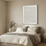 Textured abstract hand-painted canvas with dimensional circular and linear patterns in cream and ivory tones, modern bedroom