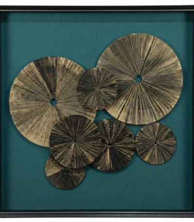 Contemporary textured wall art featuring layered brass-toned circular medallions on deep teal canvas