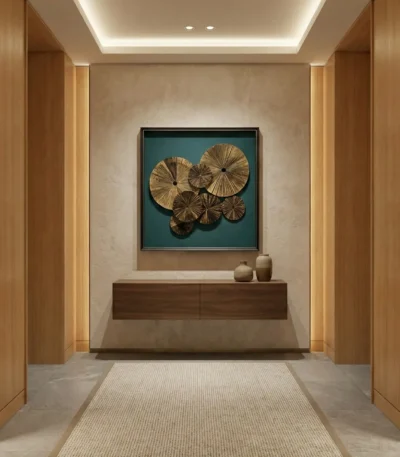Textured abstract hand-painted canvas with layered circular forms in warm gold and bronze tones, teal background, contemporary entryway