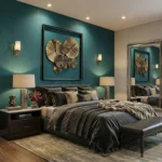 Contemporary hand-painted canvas featuring layered golden circular forms in warm metallic tones, modern bedroom setting