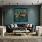 Textured abstract hand-painted canvas featuring layered circular forms in gold and bronze tones against deep teal background, contemporary living space