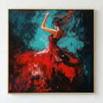 Expressionist hand-painted canvas depicting a dancer in flowing red dress against dramatic teal and black brushstrokes