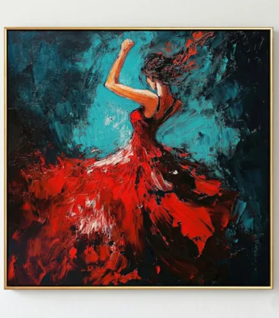 Expressionist hand-painted canvas depicting a dancer in flowing red dress against dramatic teal and black brushstrokes