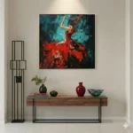 Gestural expressionist hand-painted canvas depicting a dancing figure in vibrant red and teal brushstrokes, contemporary entryway