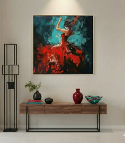 Gestural expressionist hand-painted canvas depicting a dancing figure in vibrant red and teal brushstrokes, contemporary entryway