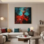 Abstract expressionist hand-painted canvas depicting a dynamic figure in crimson and teal, contemporary living space