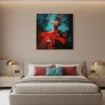 Gestural expressionist hand-painted canvas of a dancing figure in vibrant red and teal, modern bedroom