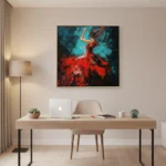 Gestural expressionist hand-painted canvas depicting a dynamic red-dressed figure against striking turquoise and black tones, modern workspace