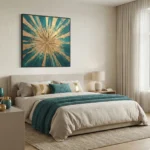 Textured abstract hand-painted canvas with radiating gold and teal rays in concentric pattern, modern bedroom