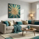 Radiant abstract hand-painted canvas with gold leaf starburst and teal striations, contemporary living space