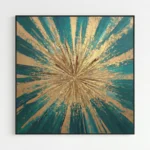 Gestural abstract hand-painted canvas with radiating brushstrokes in teals, golds, and warm earth tones, contemporary living space