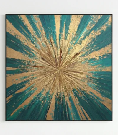 Gestural abstract hand-painted canvas with radiating brushstrokes in teals, golds, and warm earth tones, contemporary living space