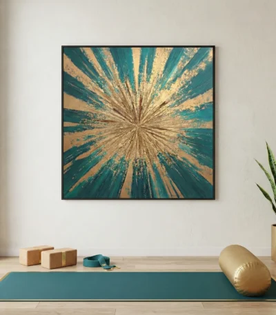 Textured abstract hand-painted canvas with radiating gold and teal brushstrokes converging at center, yoga studio setting
