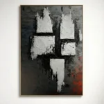 Textured abstract hand-painted canvas with bold white brushstrokes and dark charcoal background, accented with subtle red undertones