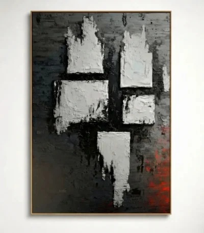 Textured abstract hand-painted canvas with bold white brushstrokes and dark charcoal background, accented with subtle red undertones