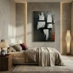 Textured abstract hand-painted canvas with white gestural marks, charcoal and deep red undertones, contemporary bedroom setting