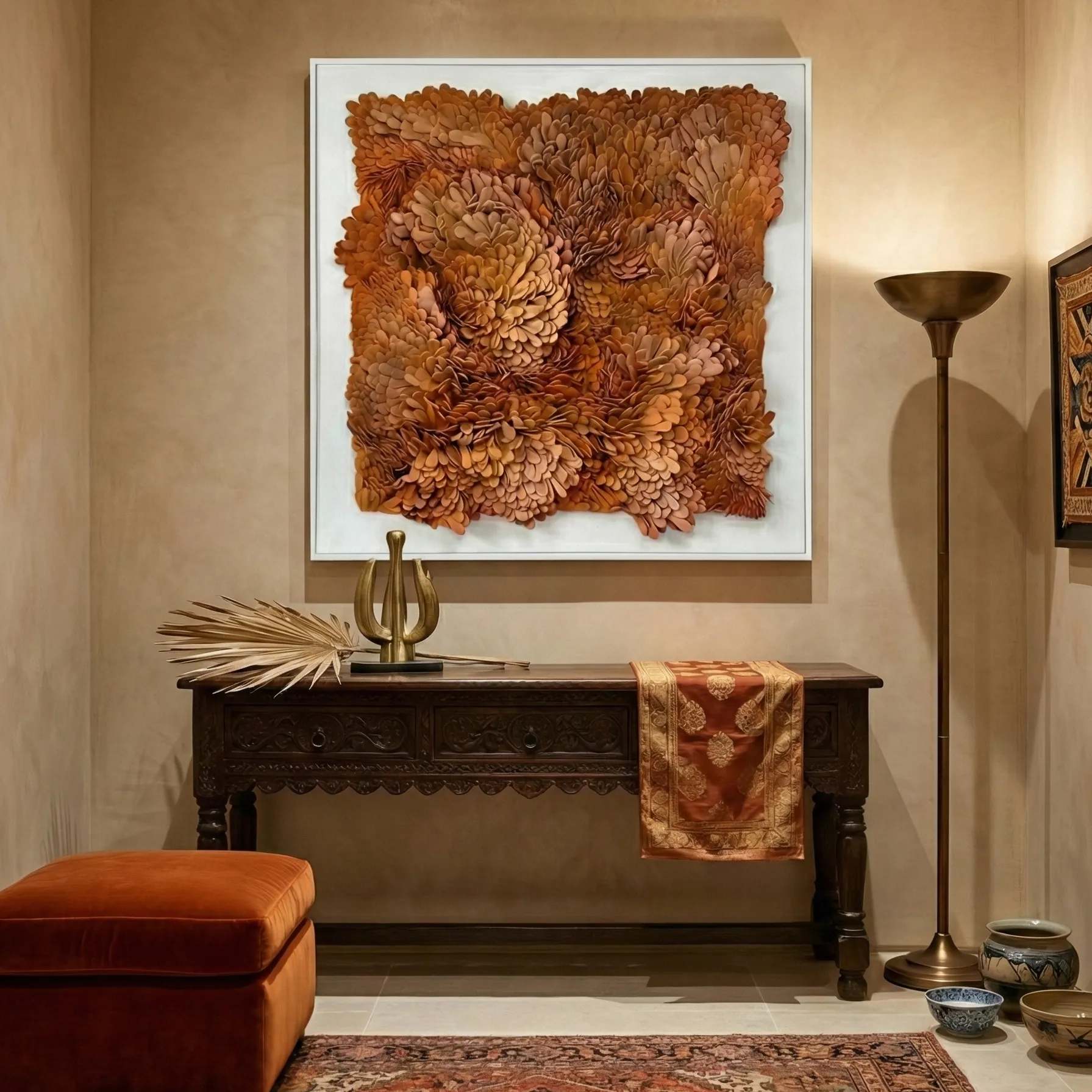 Terra Flora – Sculptural Ceramic Wall Art (3) Textured abstract hand-painted canvas in warm terracotta and golden ochre tones, contemporary entryway