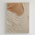 Textured abstract hand-painted canvas with layered wavy lines in cream and terracotta tones, contemporary living space