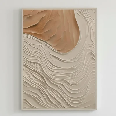 Textured abstract hand-painted canvas with layered wavy lines in cream and terracotta tones, contemporary living space